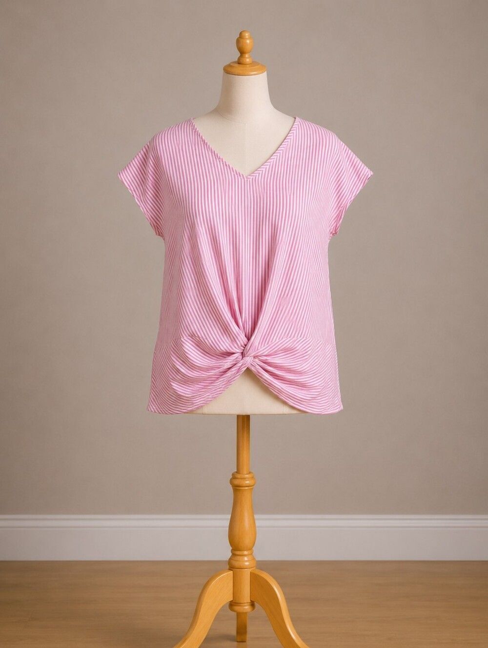 SHEIN Pink and White Striped Twist Front Blouse